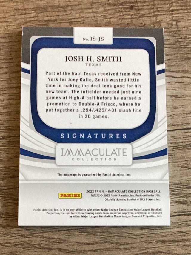 Josh H. Smith Texas Rangers MLB 2022 Panini Immaculate: Immaculate Signatures Blue IS-JS AU, SN10 Panini