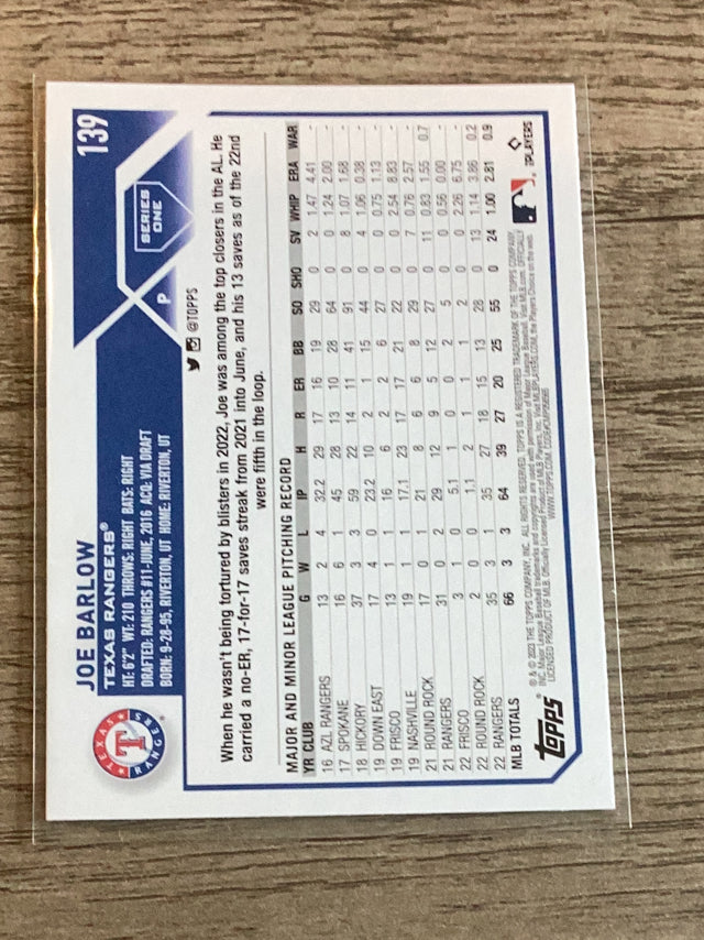 Joe Barlow Texas Rangers MLB 2023 Topps 139 Topps