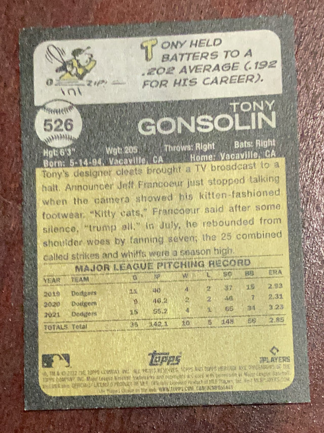 Tony Gonsolin Los Angeles Dodgers MLB 2022 Topps Heritage 526 Topps