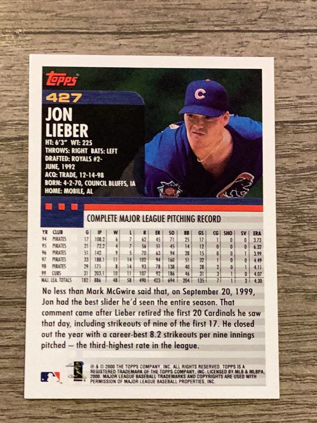 Jon Lieber Chicago Cubs MLB 2000 Topps 427 Topps