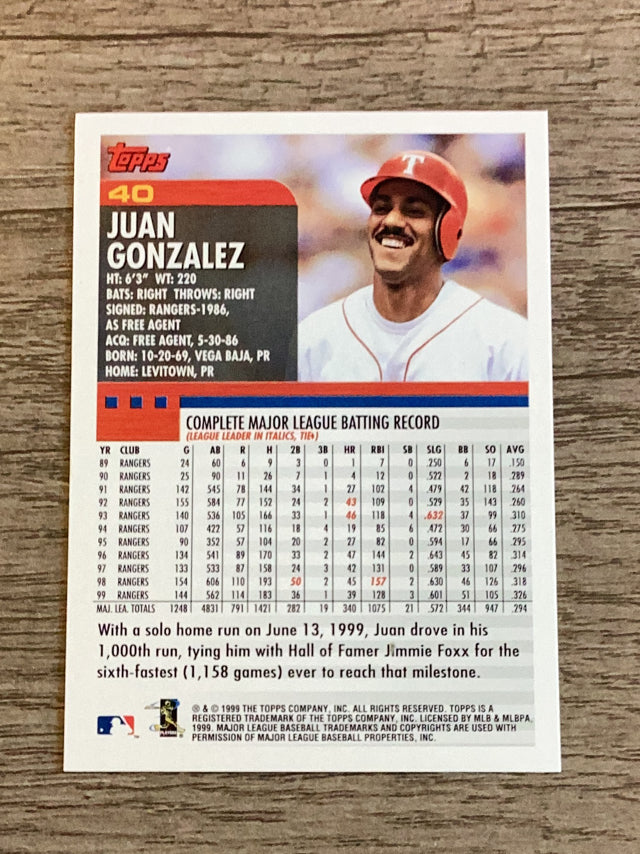 Juan Gonzalez Texas Rangers MLB 2000 Topps 40 Topps