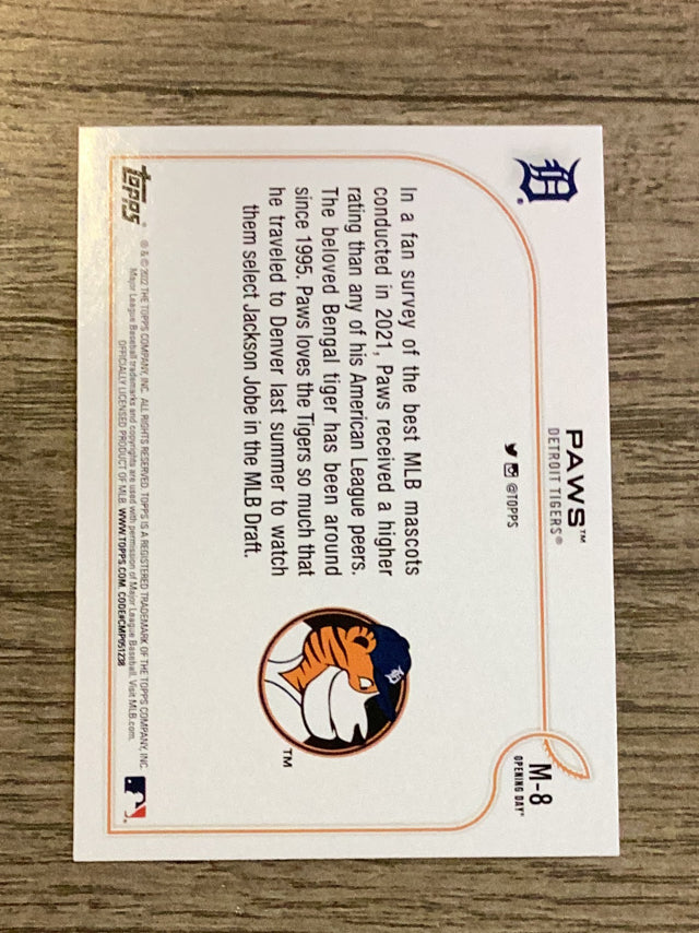 Paws Detroit Tigers MLB 2022 Topps Opening Day - Mascots M-8 MAS Topps