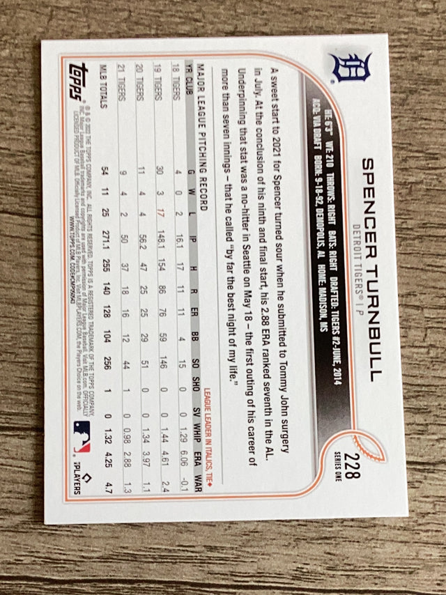 Spencer Turnbull Detroit Tigers MLB 2022 Topps 228 Topps