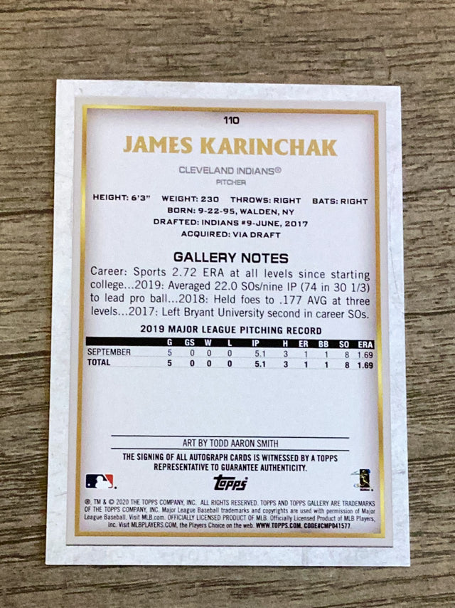 James Karinchak Cleveland Indians MLB 2020 Topps Gallery - Autographs 110 AU Topps