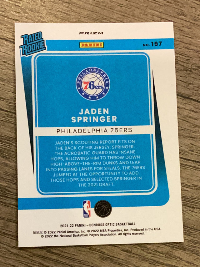Jaden Springer Philadelphia 76ers NBA 2021-22 Donruss Optic: Rated Rookies Signatures Holo 197 AU Panini