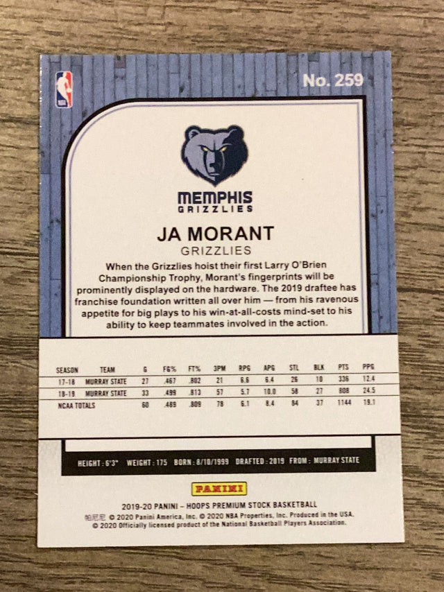 Ja Morant Memphis Grizzlies NBA 2019-20 Hoops Premium Stock 259 RC Panini