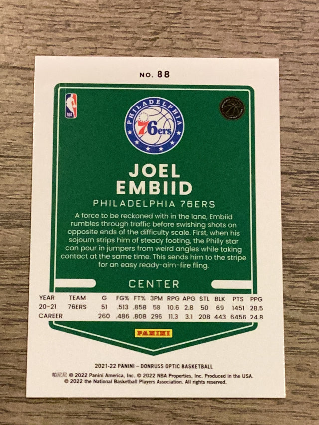 Joel Embiid Philadelphia 76ers NBA 2021-22 Donruss Optic 88 Donruss