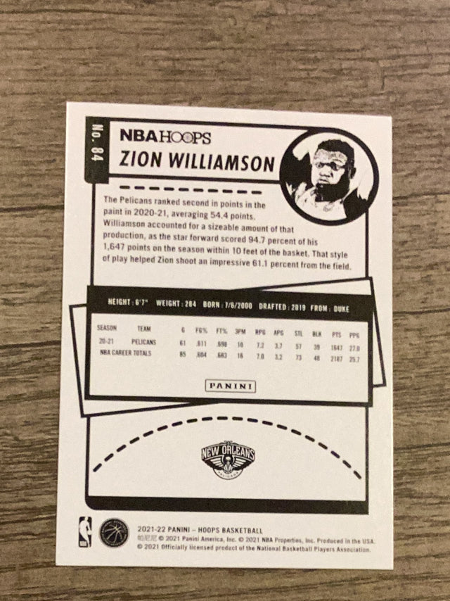 Zion Williamson New Orleans Pelicans NBA 2021-22 Hoops 84 Panini