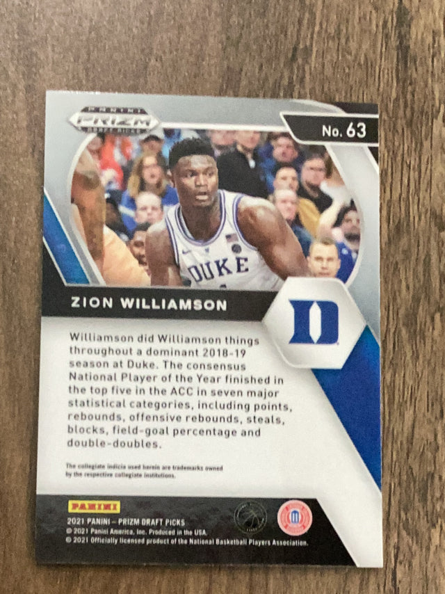 Zion Williamson Duke Blue Devils NBA 2021 Panini Prizm Draft Picks 63 Panini