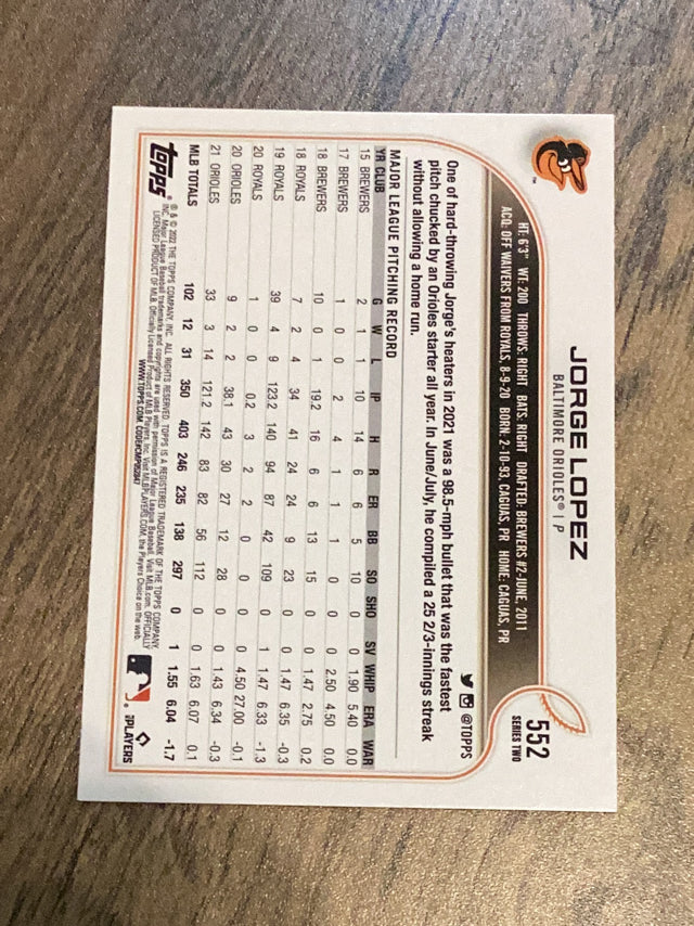 Jorge Lopez Baltimore Orioles MLB 2022 Topps 552 Topps