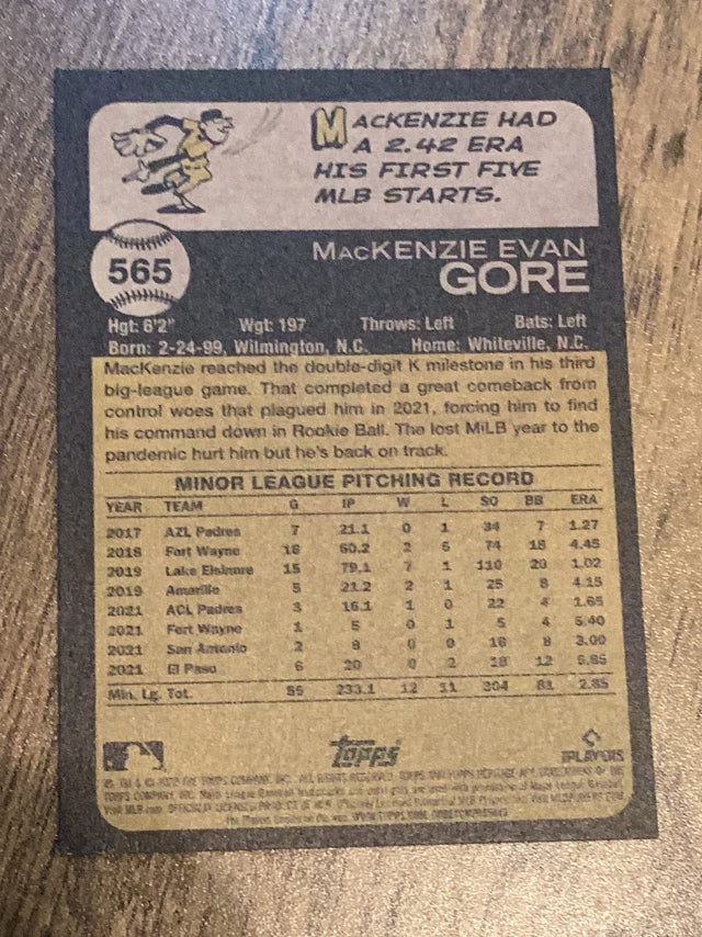 MacKenzie Gore Washington Nationals MLB 2022 Topps Heritage 565 RC Topps