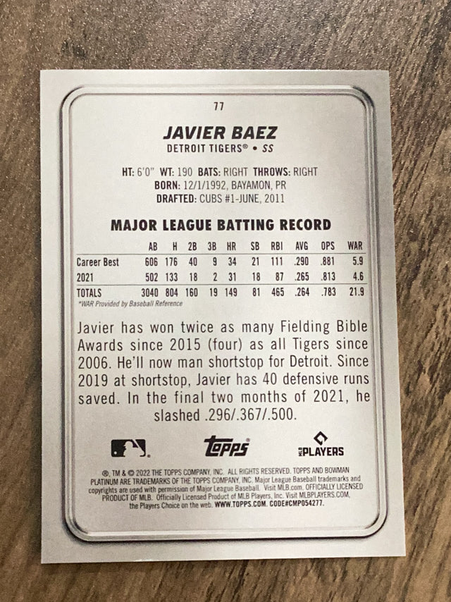 Javier Baez Detroit Tigers MLB 2022 Bowman Platinum 77 Bowman