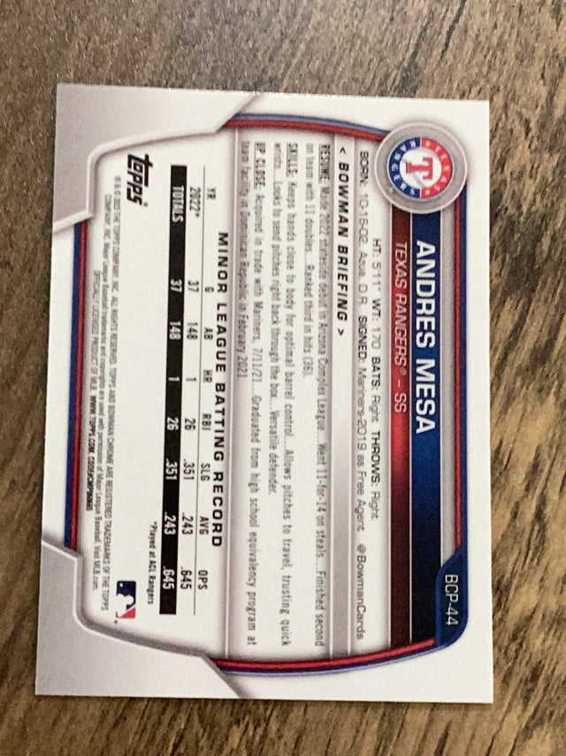 Andres Mesa FBC Texas Rangers MLB 2023 Bowman: Chrome Prospects BCP-44 FBC Bowman