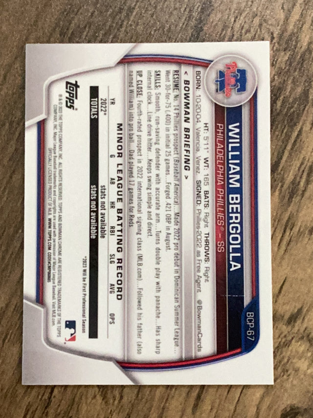 William Bergolla Philadelphia Phillies MLB 2023 Bowman: Chrome Prospects BCP-67 Bowman