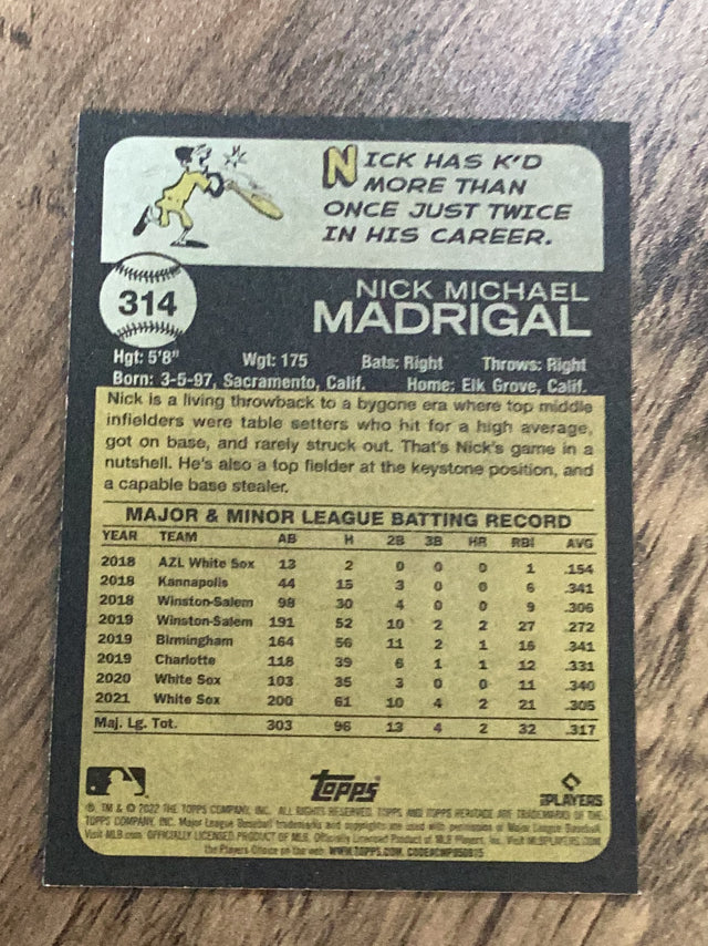 Nick Madrigal Chicago Cubs MLB 2022 Topps Heritage 314 Topps