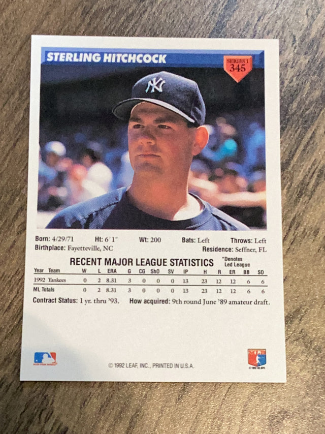 Sterling Hitchcock New York Yankees MLB 1993 Donruss 345 RC Donruss