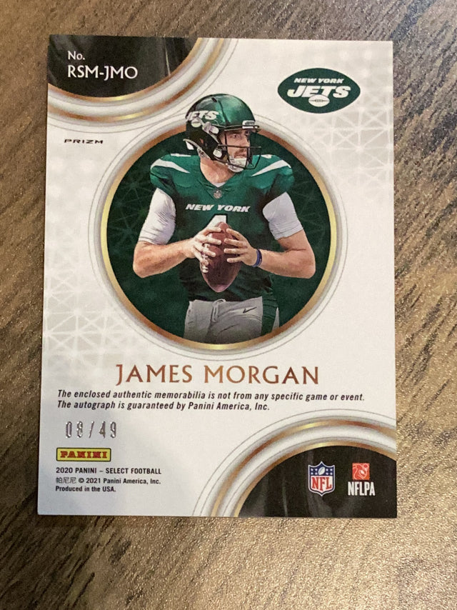 James Morgan New York Jets NFL 2020 Panini Select - Rookie Signature Memorabilia Purple Prizm RSM-JMO AU, MEM, SN49 Panini