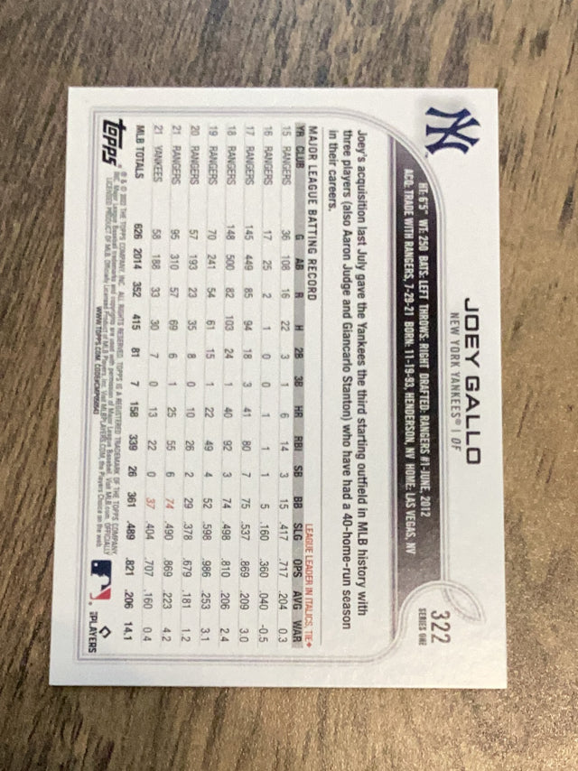 Joey Gallo New York Yankees MLB 2022 Topps 322 Topps