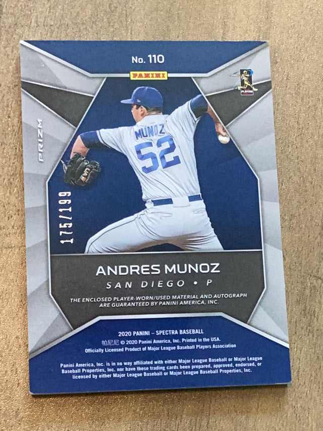 Andres Munoz San Diego Padres MLB 2020 Panini Chronicles - Spectra Neon Blue 110 AU, MEM, SN99 Panini