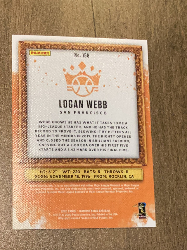 Logan Webb San Francisco Giants MLB 2020 Panini Diamond Kings 156 RC, SP Panini