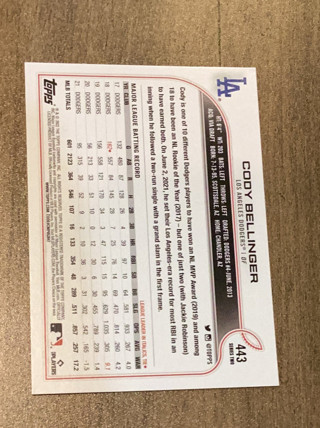 Cody Bellinger Los Angeles Dodgers MLB 2022 Topps 443 BASE: Batting Topps