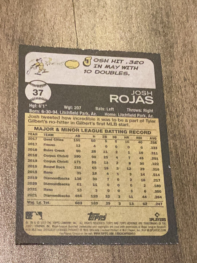 Josh Rojas Arizona Diamondbacks MLB 2022 Topps Heritage 37 Topps