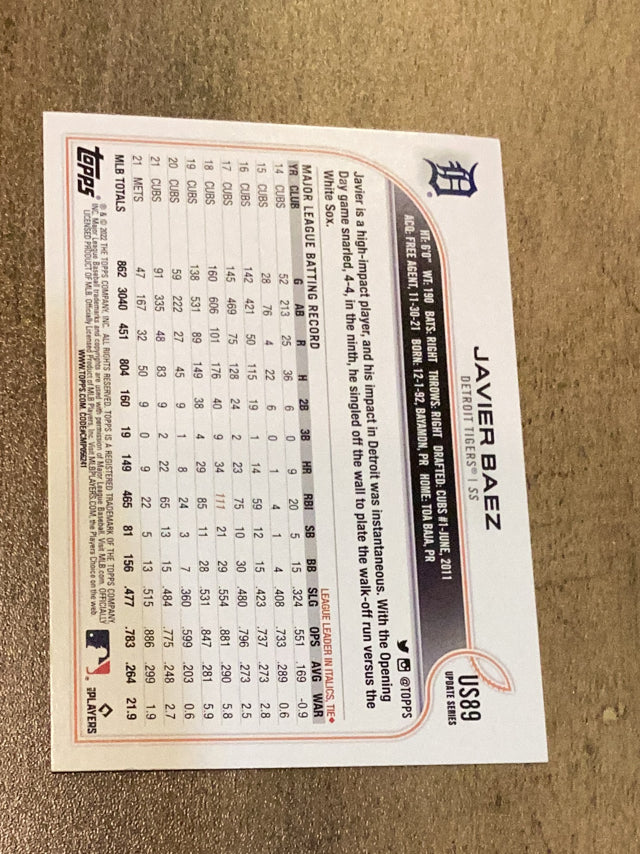 Javier Baez Detroit Tigers MLB 2022 Topps Update US89 Topps