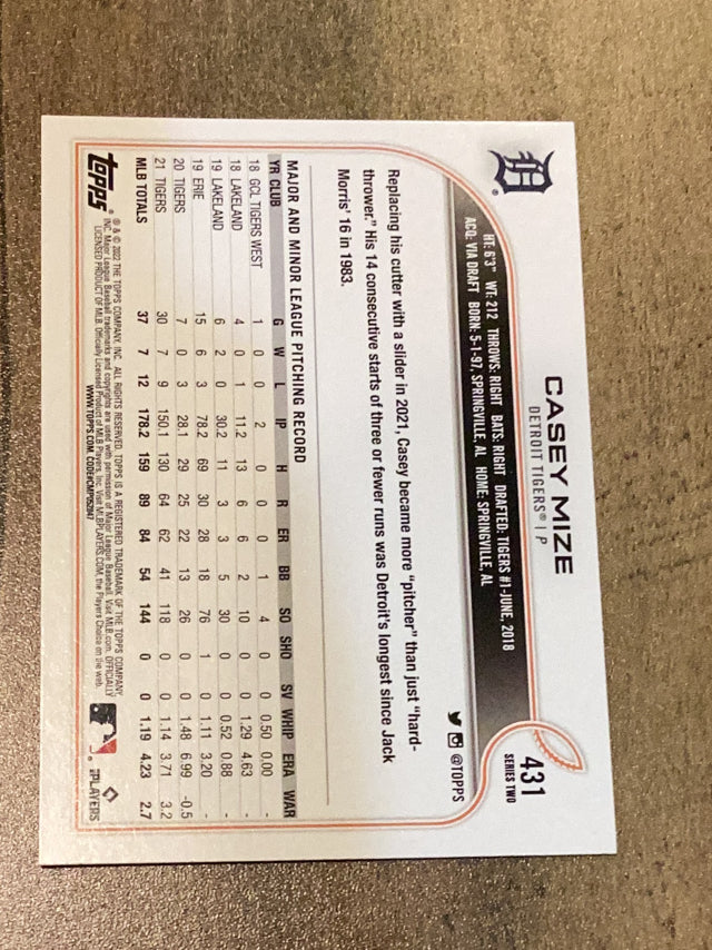 Casey Mize Detroit Tigers MLB 2022 Topps 431 BASE: Pitching Topps