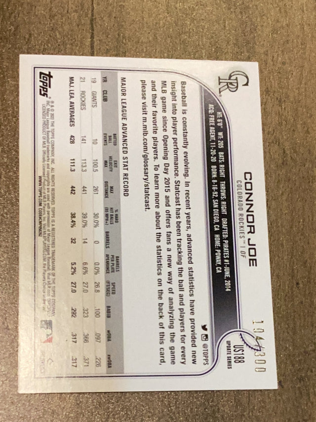 Connor Joe Colorado Rockies MLB 2022 Topps Update: Advanced Stat US188 SN300 Topps