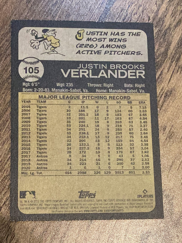 Justin Verlander Houston Astros MLB 2022 Topps Heritage 105 Topps