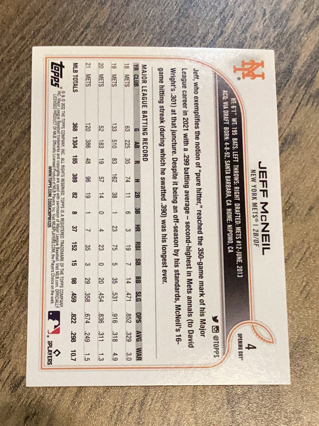 Jeff McNeil New York Mets MLB 2022 Topps Opening Day 4 Topps