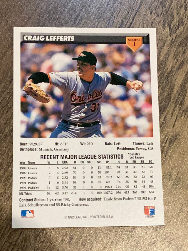 Craig Lefferts Baltimore Orioles MLB 1993 Donruss 1 Donruss