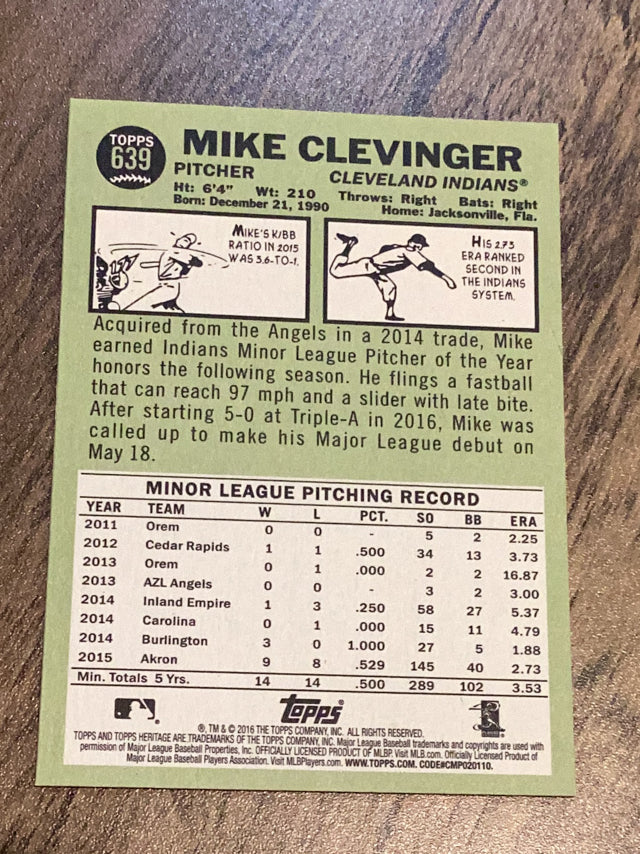 Mike Clevinger Cleveland Indians MLB 2016 Topps Heritage 639 RC Topps