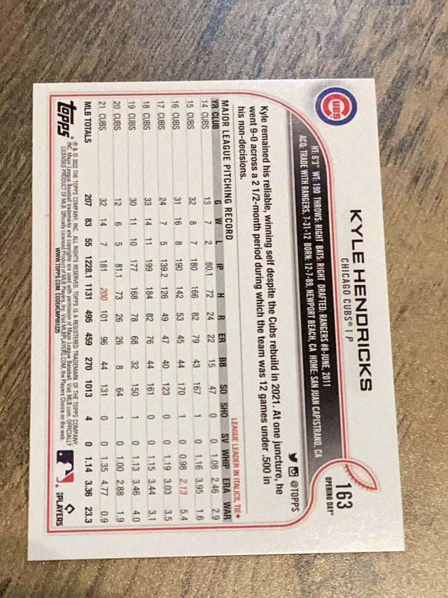 Kyle Hendricks Chicago Cubs MLB 2022 Topps Opening Day 163 Topps