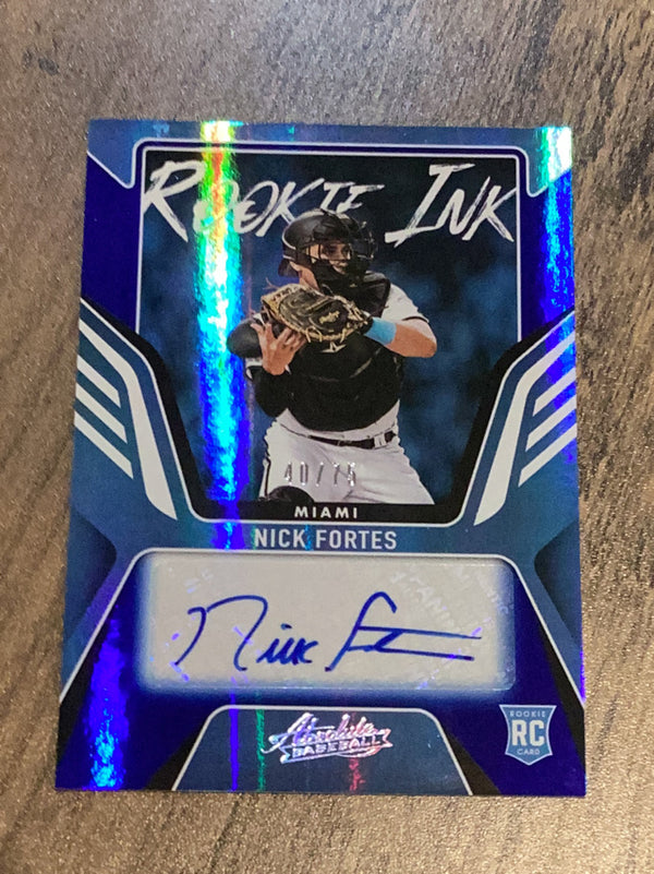 Nick Fortes Miami Marlins MLB 2022 Panini Absolute: Rookie Ink Spectrum Blue RKI-NF AU, SN75