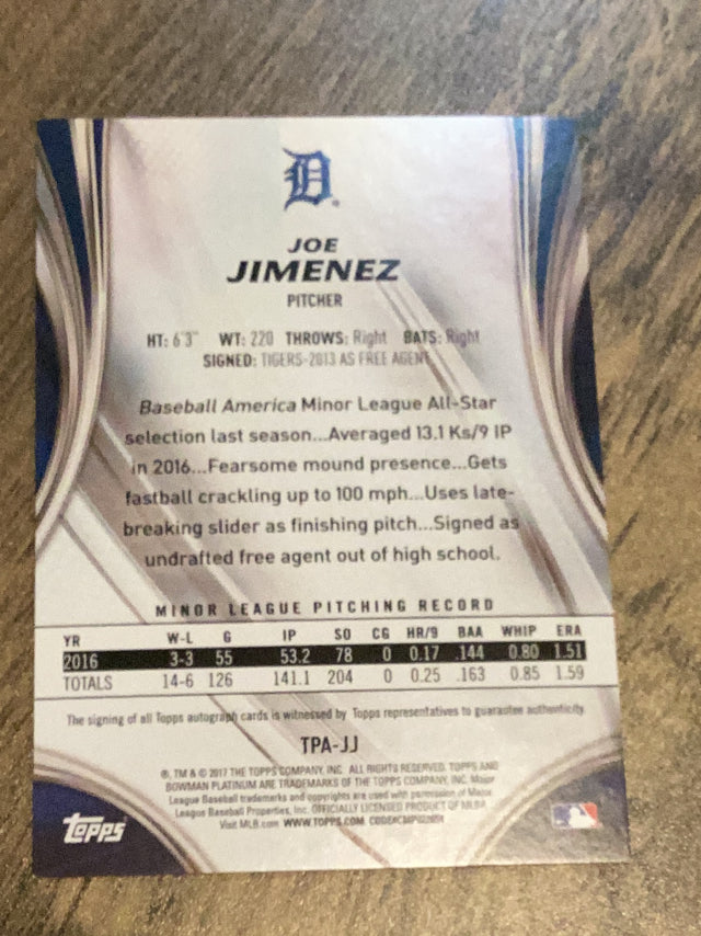 Joe Jimenez Detroit Tigers MLB 2017 Bowman Platinum - Top Prospects Autographs - Purple TP-JJ AU, SN150 Bowman