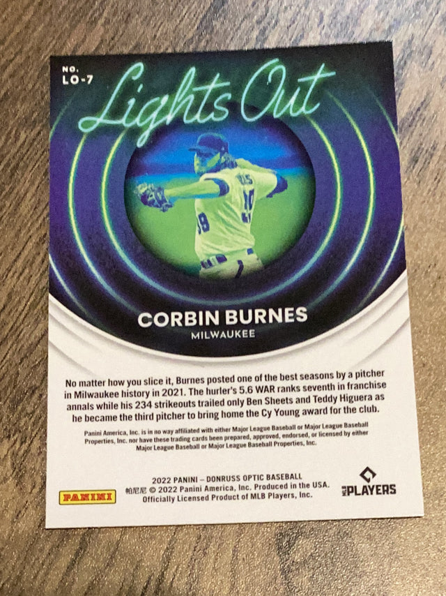 Corbin Burnes Milwaukee Brewers MLB 2022 Donruss Optic: Lights Out LO-7 Donruss