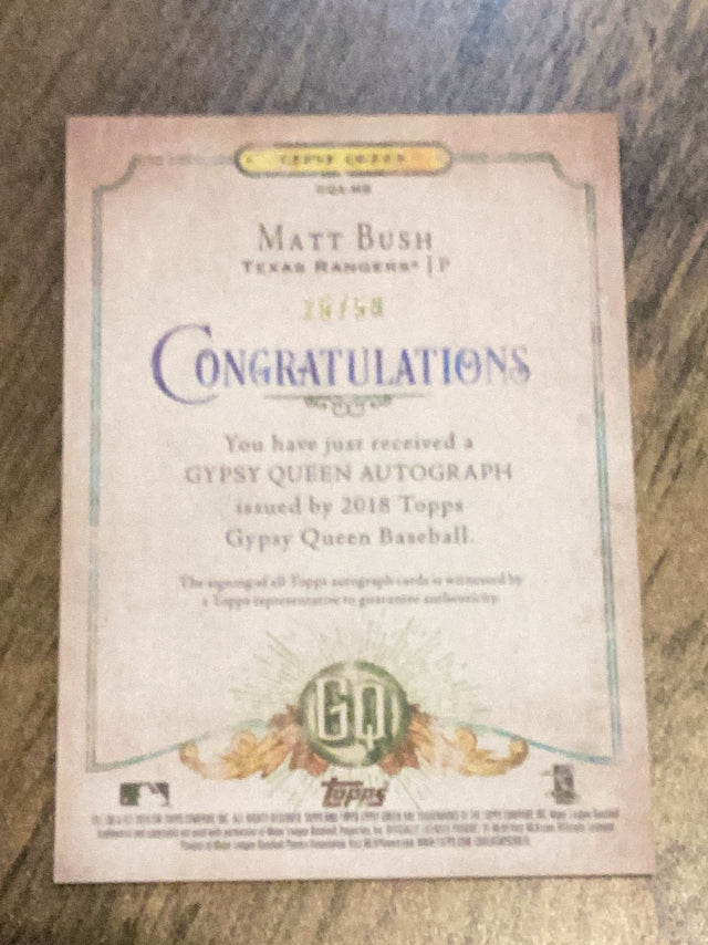 Matt Bush Texas Rangers MLB 2018 Topps Gypsy Queen - Autographs Black And White GQA-MB AU, SN50 Topps