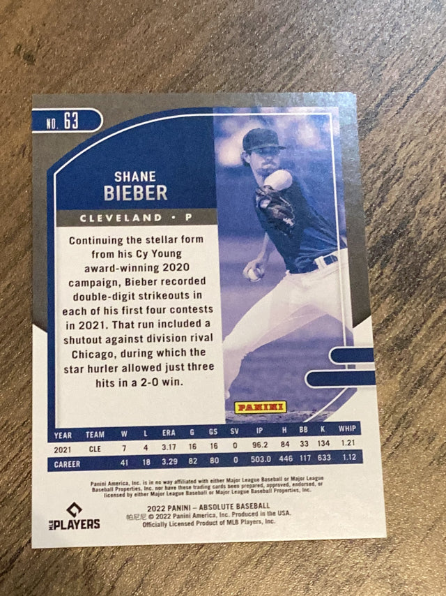 Shane Bieber Cleveland Indians MLB 2022 Panini Absolute 63 SN99 Panini