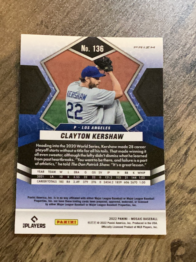 Clayton Kershaw Los Angeles Dodgers MLB 2022 Panini Mosaic: Green Mosaic 136 Panini