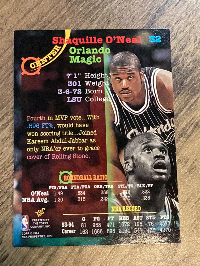 Shaquille O'Neal Orlando Magic NBA 1994-95 Stadium Club 32 Topps