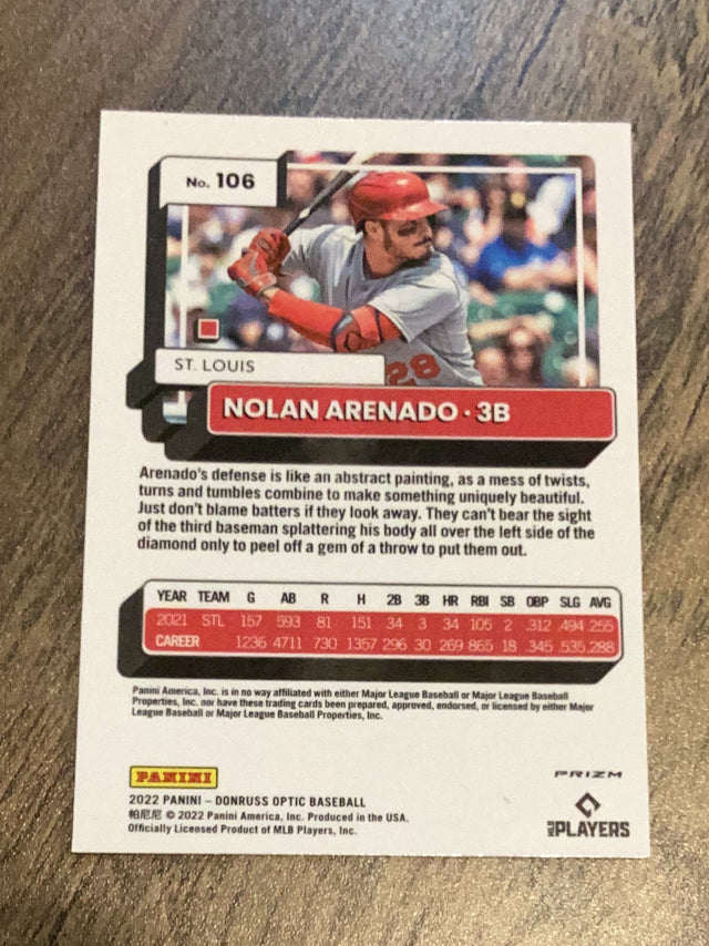 Nolan Arenado St. Louis Cardinals MLB 2022 Donruss Optic: Green Prizm 106 SN5 Donruss