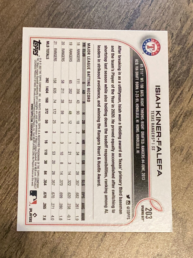 Isiah Kiner-Falefa Texas Rangers MLB 2022 Topps Opening Day 203 Topps