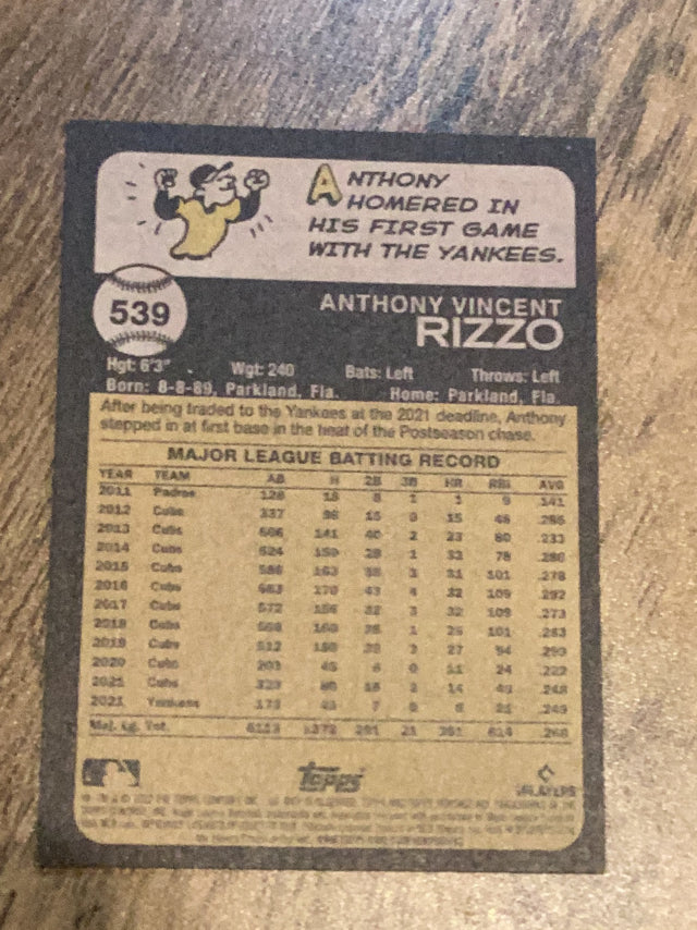 Anthony Rizzo New York Yankees MLB 2022 Topps Heritage 539 Topps