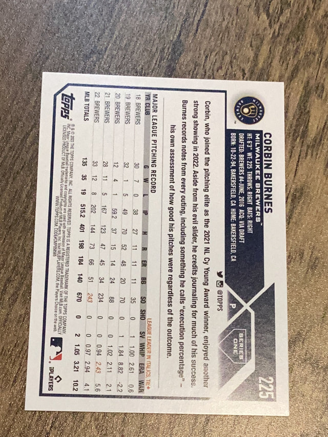 Corbin Burnes Milwaukee Brewers MLB 2023 Topps 225 Topps