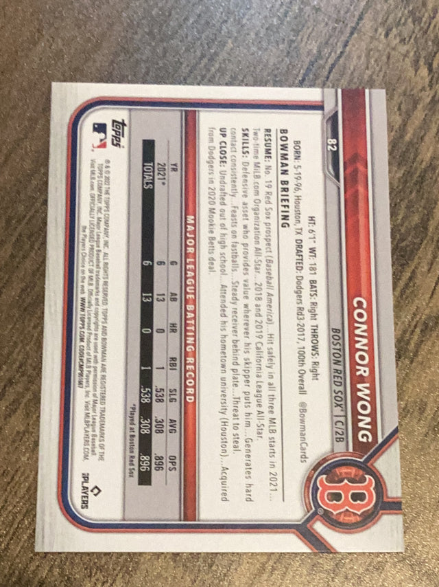 Connor Wong Boston Red Sox MLB 2022 Bowman 82 RC Bowman
