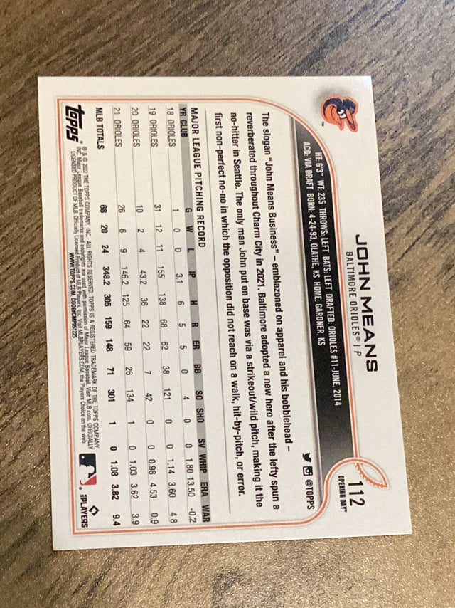 John Means Baltimore Orioles MLB 2022 Topps Opening Day 112 Topps