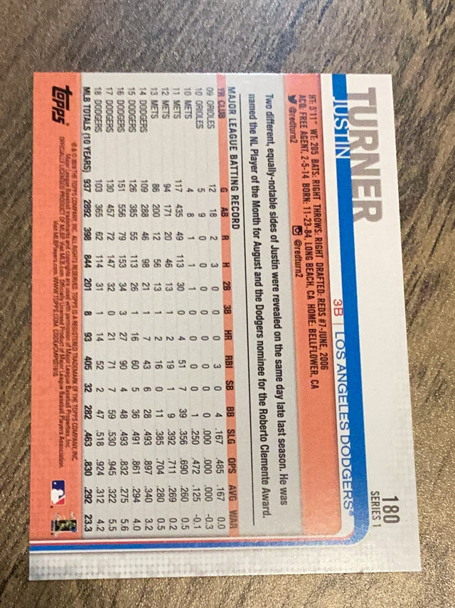 Justin Turner Los Angeles Dodgers MLB 2019 Topps 180a Topps