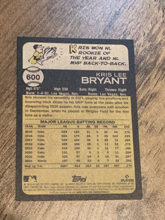 Kris Bryant Colorado Rockies MLB 2022 Topps Heritage 600 Topps