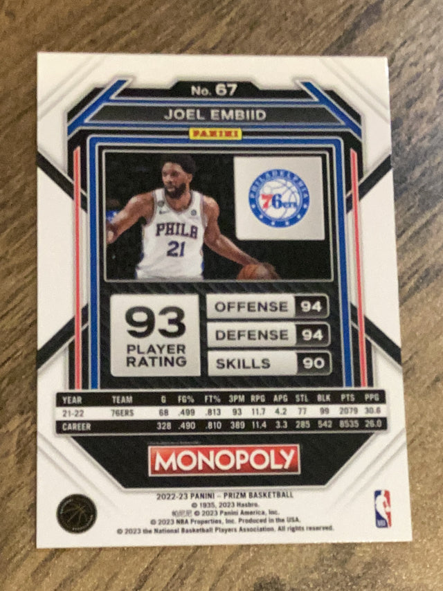 Joel Embiid Philadelphia 76ers NBA 2022-23 Panini Prizm Monopoly: Silver 67 Panini